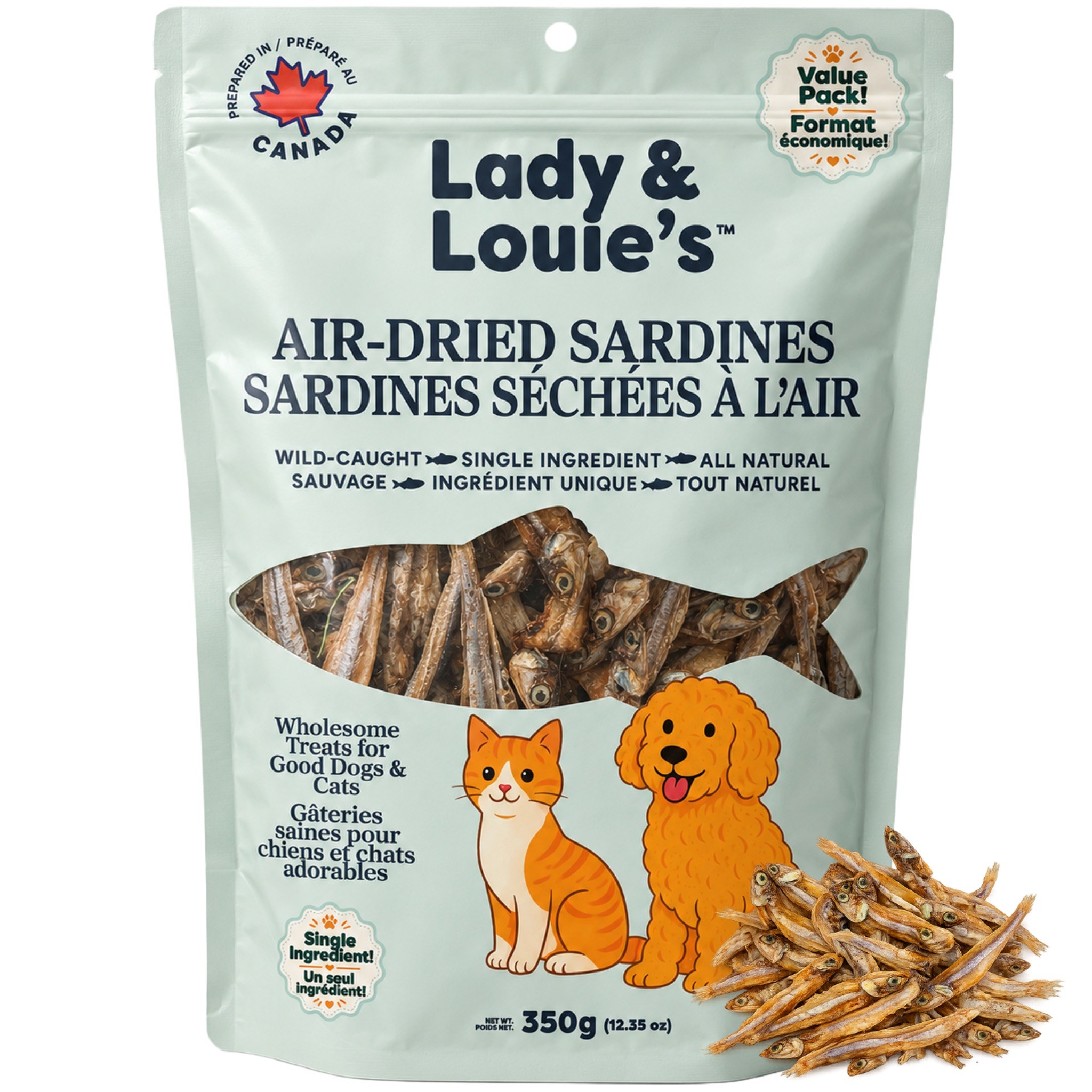 Lady and Louie's 350 gram value size air-dried sardines