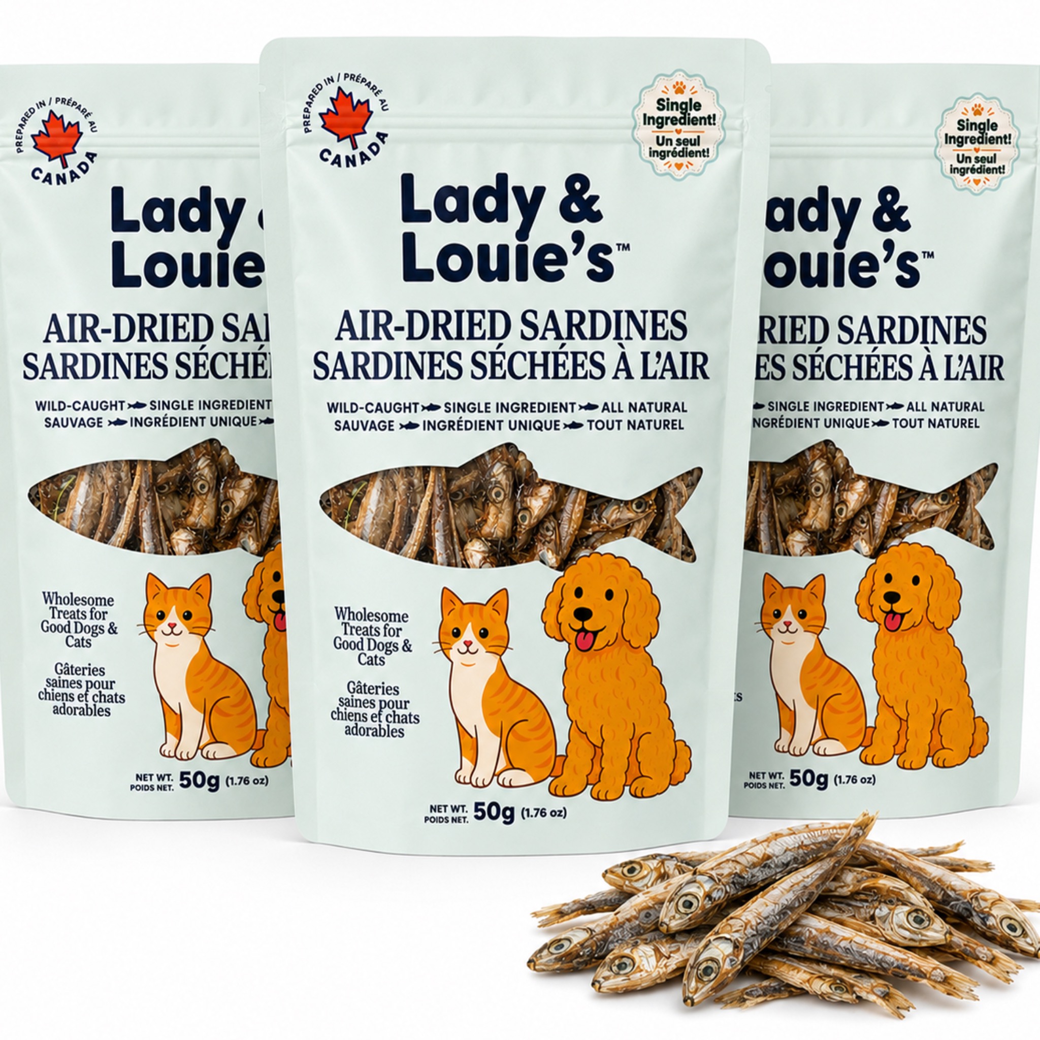 Lady and Louie's three pack of 50g air-dried sardines